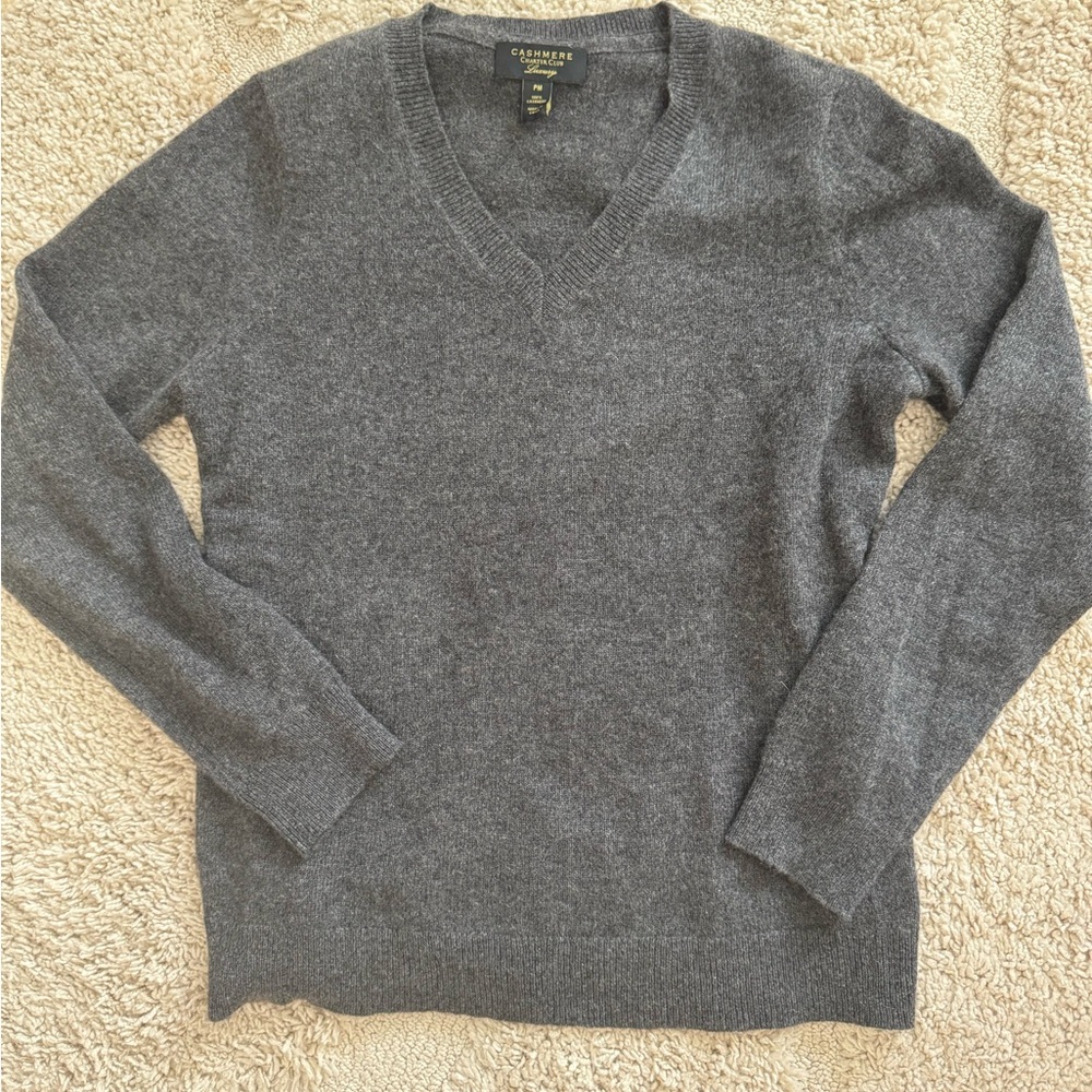 100% Cashmere V Neck heather gray sweater PMedium MSRP $170 Charter Club Luxury